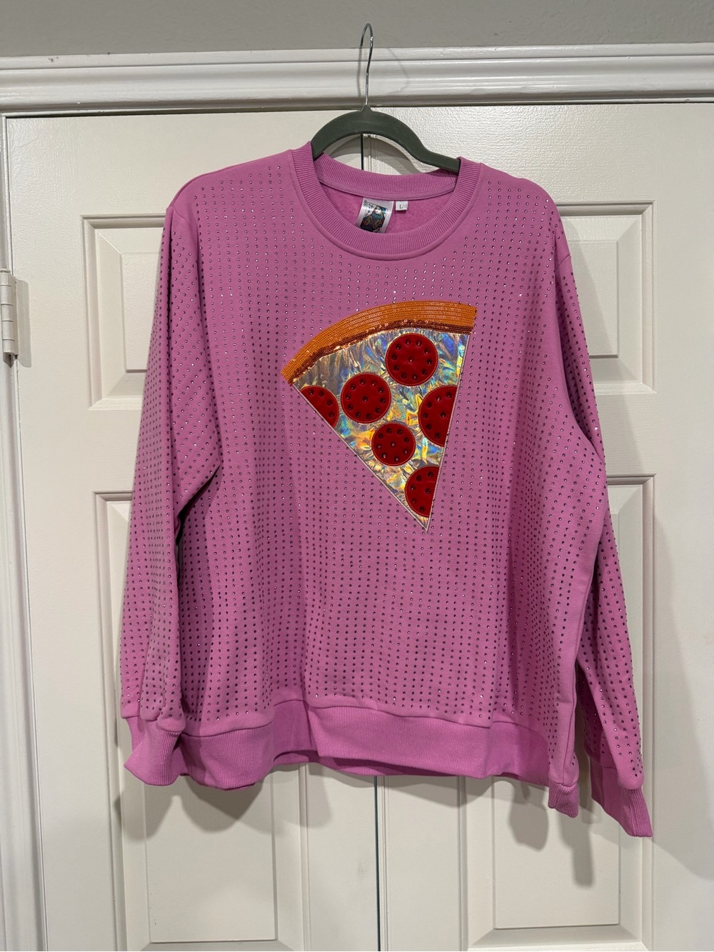 QUEEN OF SPARKLES Pink Rhinestone Sweatshirt with Pizza Patch